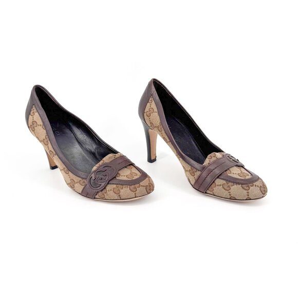 Gucci Interlocking G Beige GG Logo Canvas Heels Pumps Size 7 Women - Picture 1 of 15